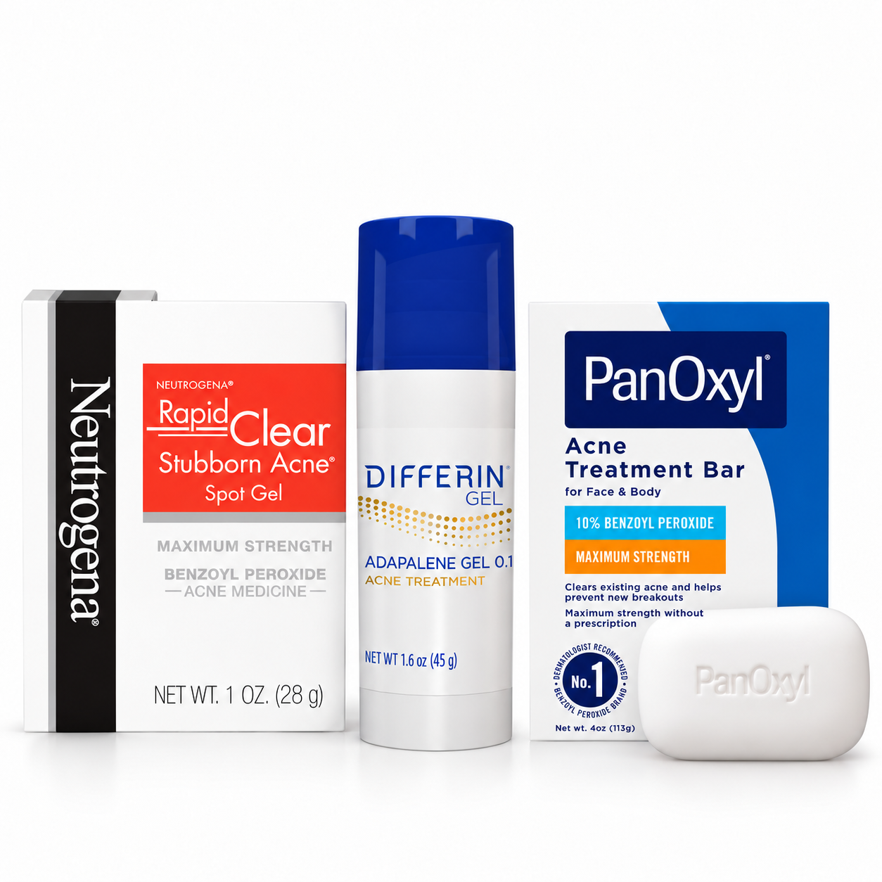 Neutrogena Rapid Clear, Differin and PanOxyl acne care products