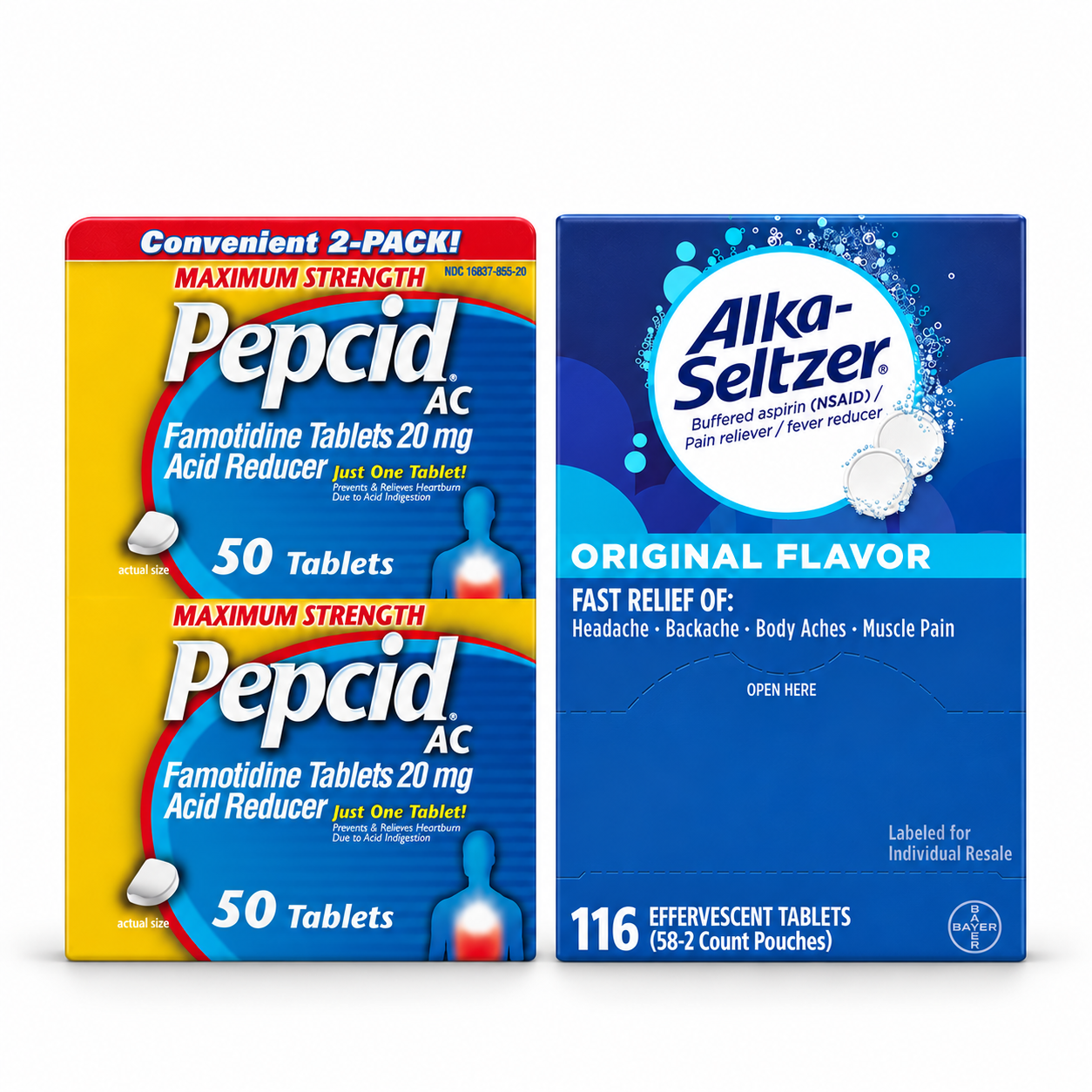 Pepcid AC and Alka-Seltzer digestive relief products