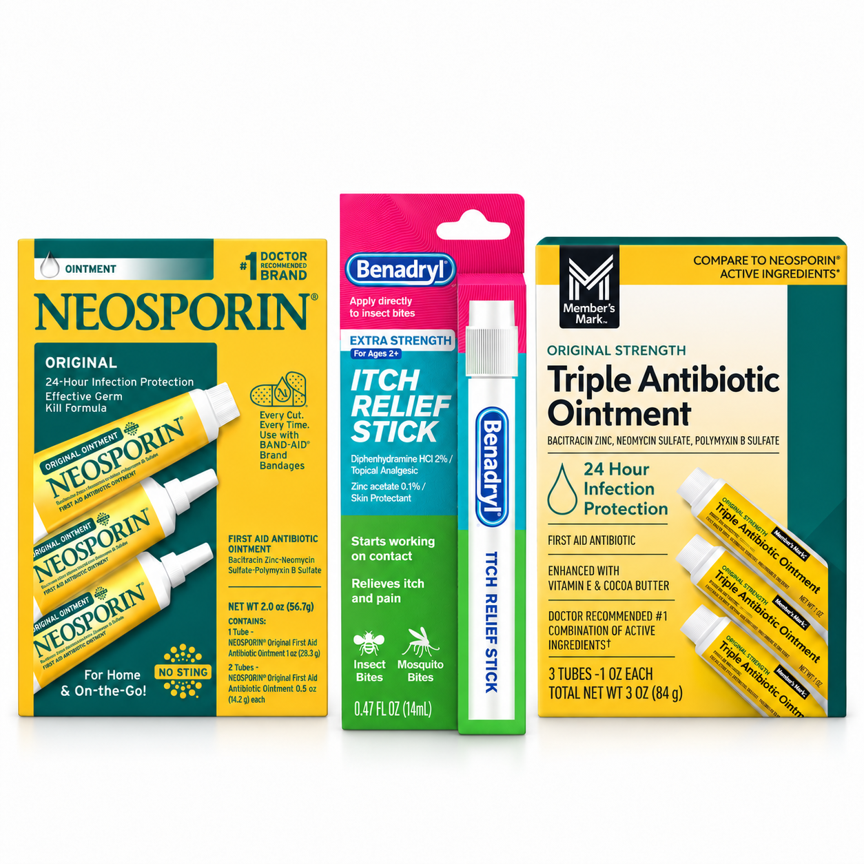 Neosporin, Benadryl itch relief stick and Members Mark antibiotic ointment