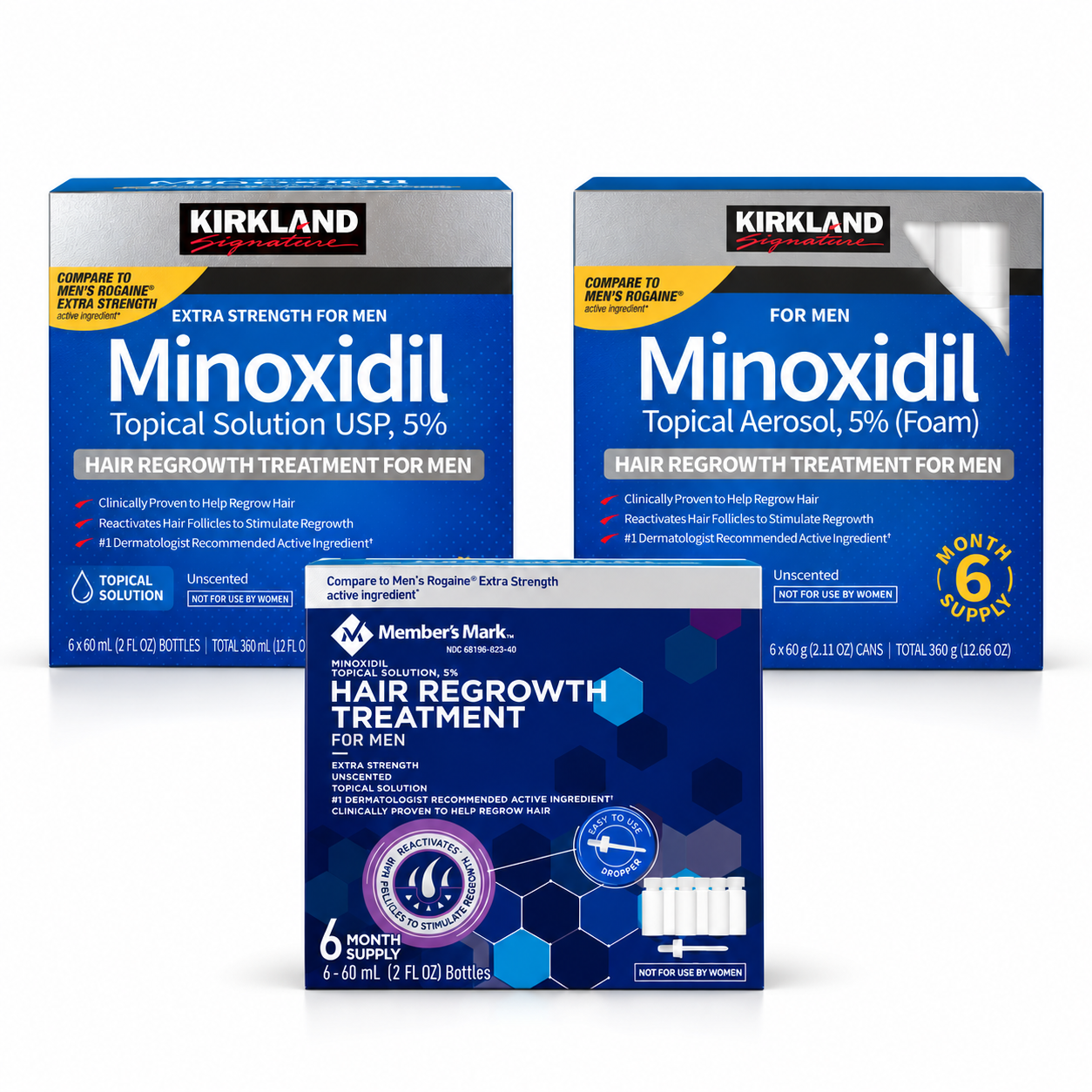 Kirkland and Members Mark minoxidil hair regrowth products