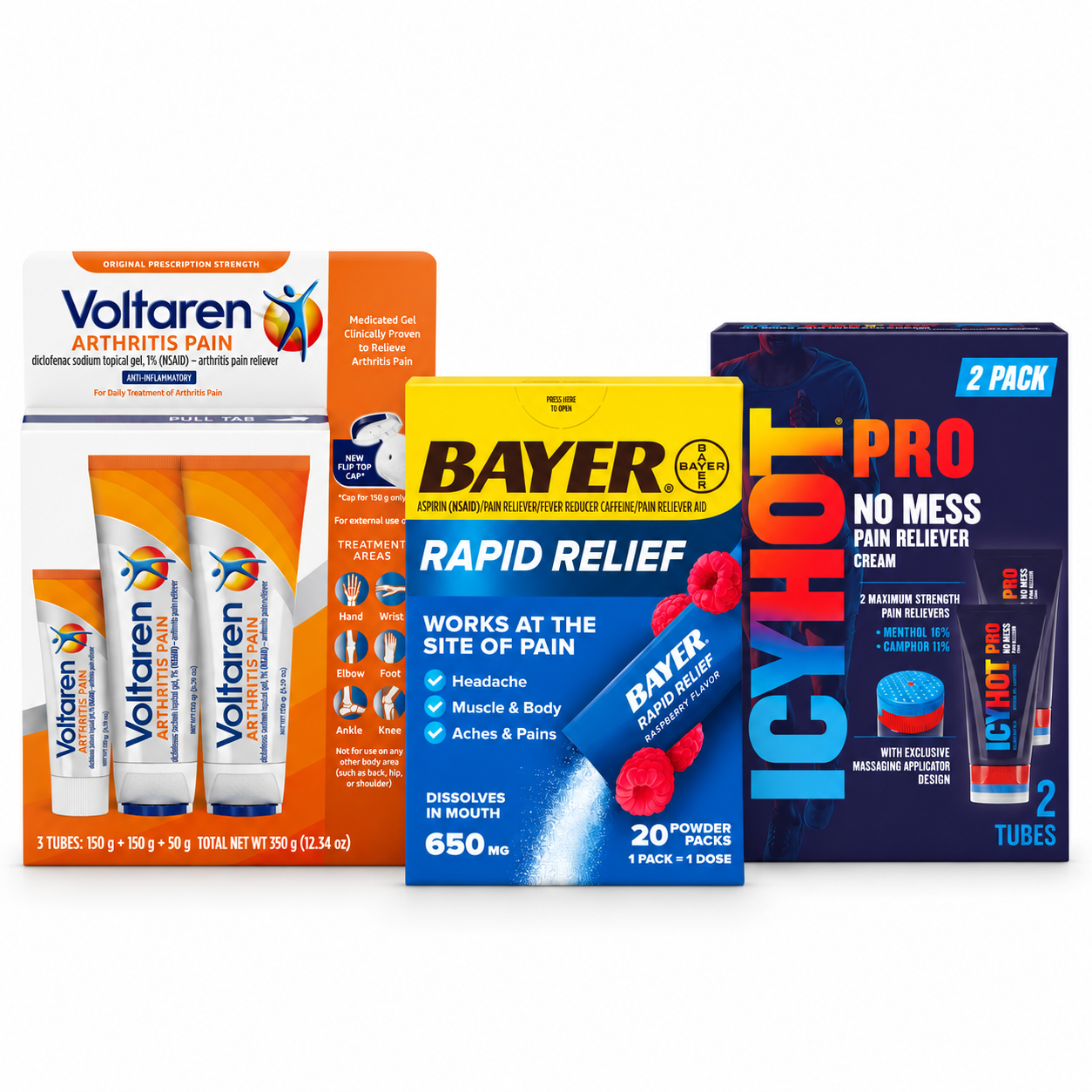 Voltaren, Bayer Rapid Relief and Icy Hot pain relief products