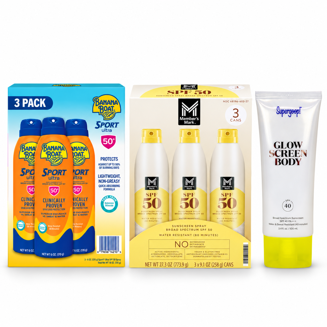 Banana Boat, Members Mark and Supergoop sunscreen products