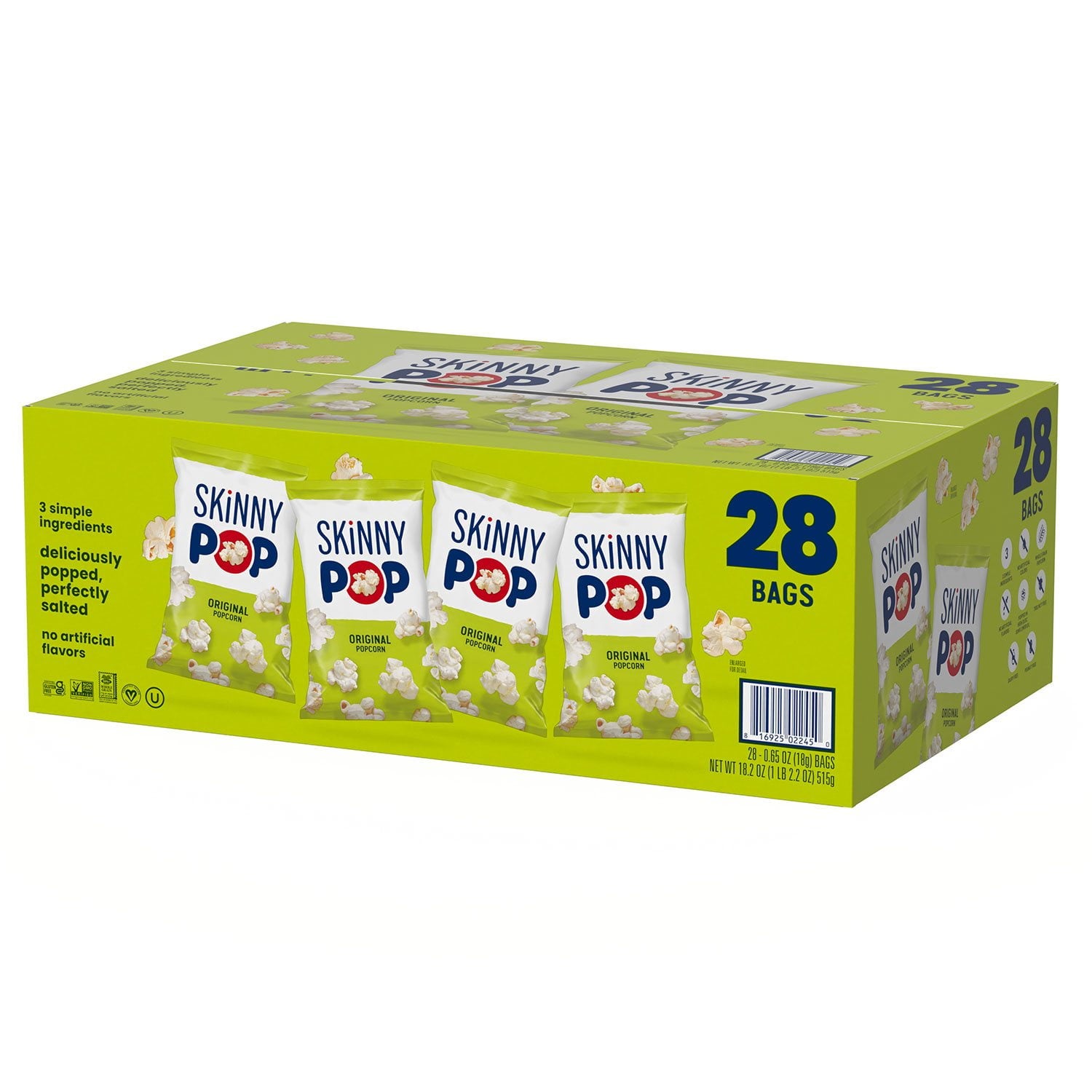 SkinnyPop オリジナル ポップコーン スナック バッグ、0.65 オンス、28 個入り。