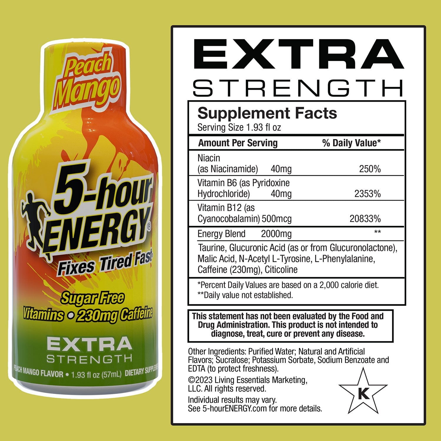 파이브아워에너지 엑스트라 스트렝스 피치 망고맛 1.93 oz × 24 – 상큼한 과일 풍미 에너지 샷