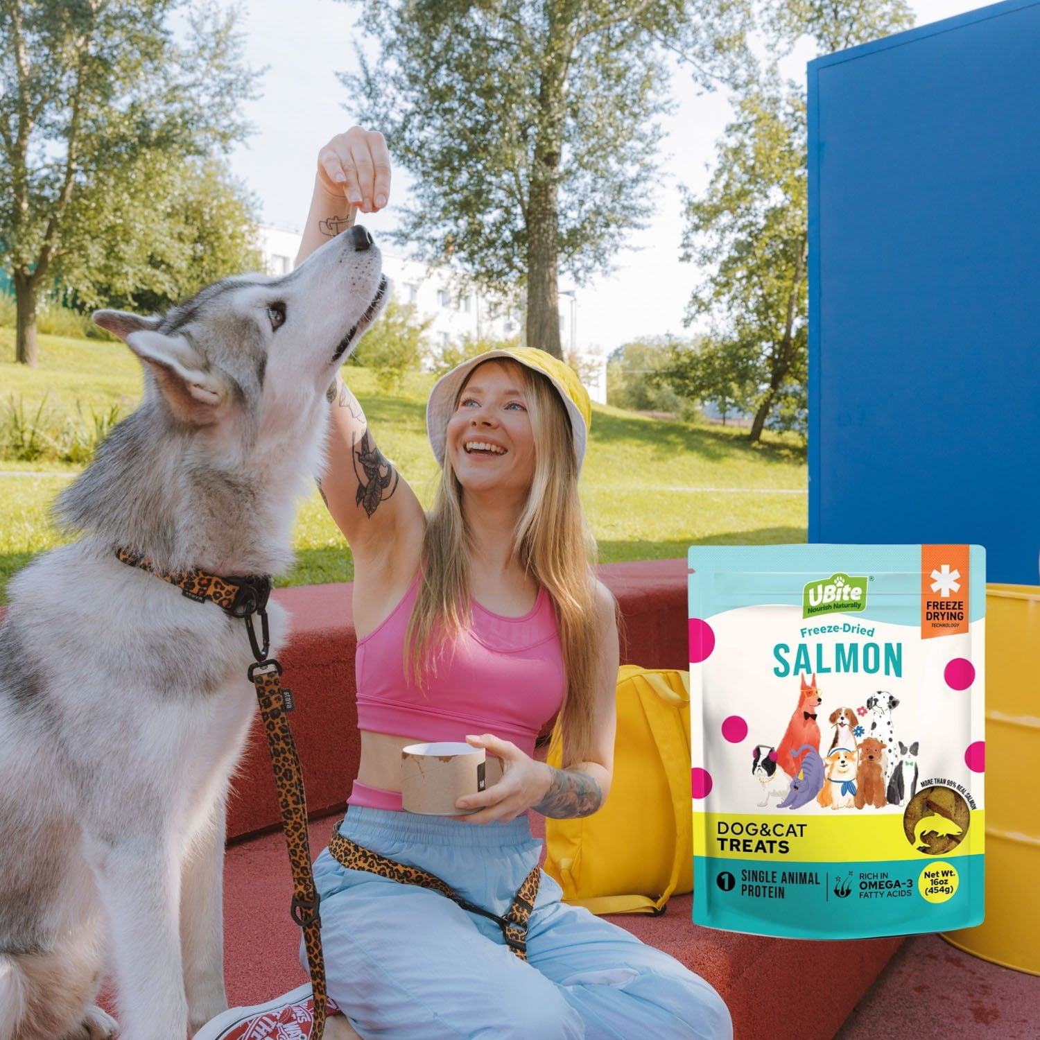 UBite 成犬・成猫用サーモンフリーズドライおやつ、16オンス。