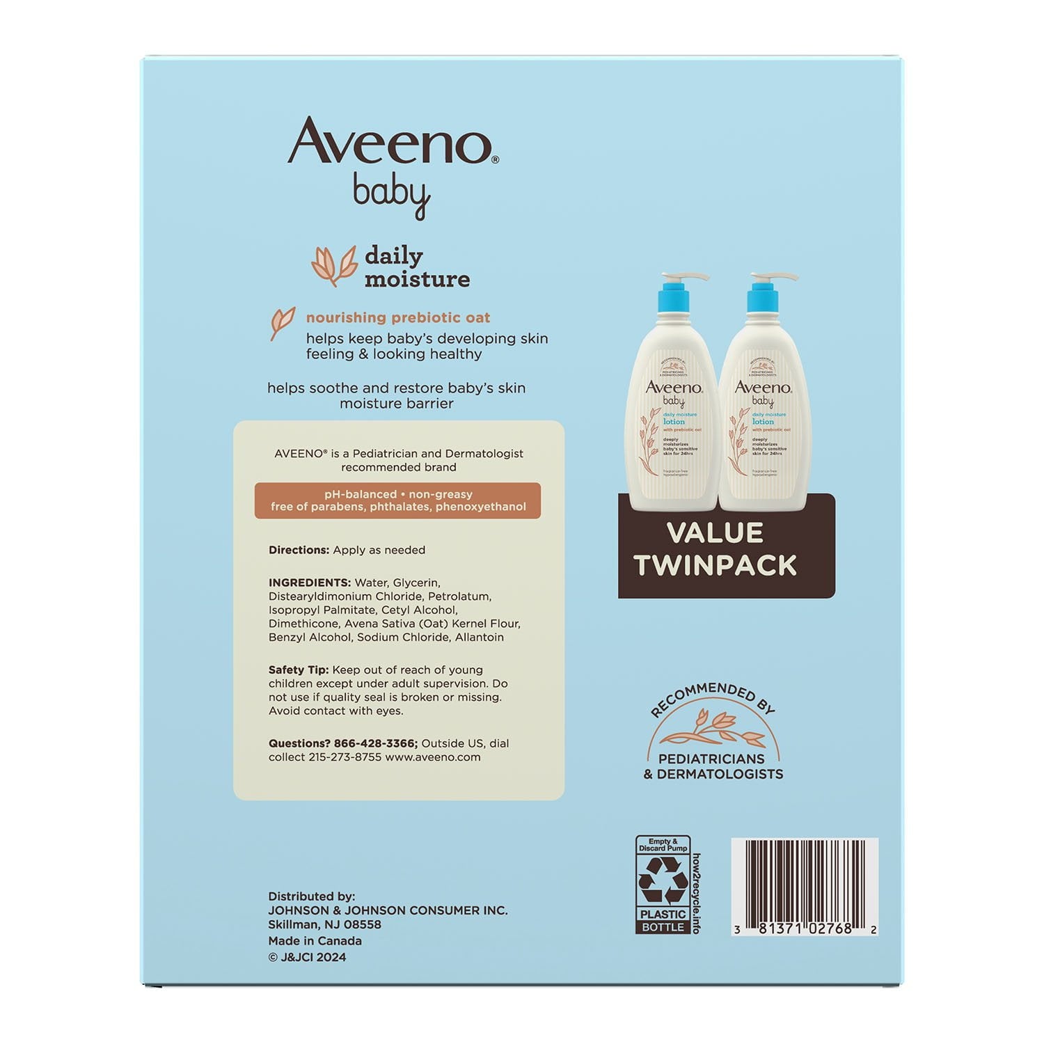Aveeno ベビー デイリー モイスチャー ローション (ポンプ付き)、24 時間保護、18 液量オンス、2 個パック。
