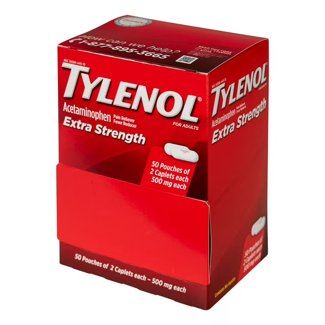 타이레놀 엑스트라 스트렝스 아세트아미노펜 500mg 개별 포장 50팩 × 2정 – 총 100정 · 두통 · 근육통 · 허리통증 · 치통 · 해열 진통