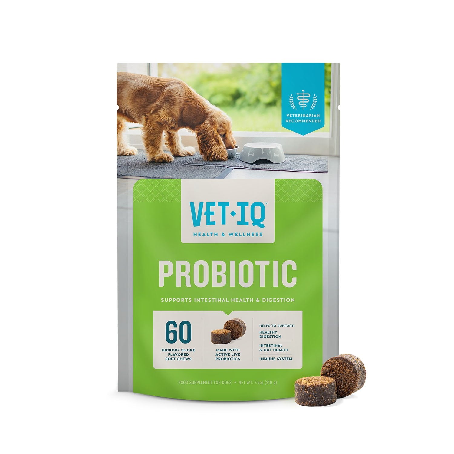 벳IQ 프로바이오틱 소프트독츄 히코리 스모크 60 ct × 2 pk – 장 건강·소화 개선