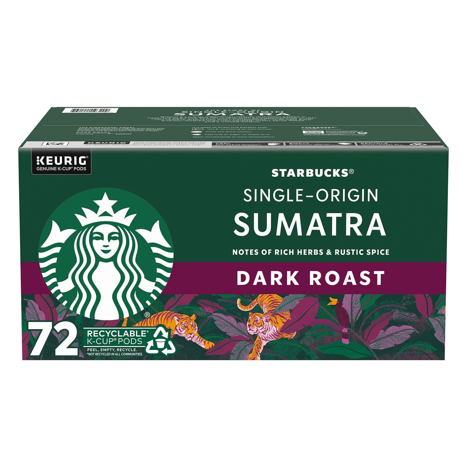 スターバックス ダークロースト K-Cup コーヒーポッド、シングルオリジン スマトラ、72 個入り。