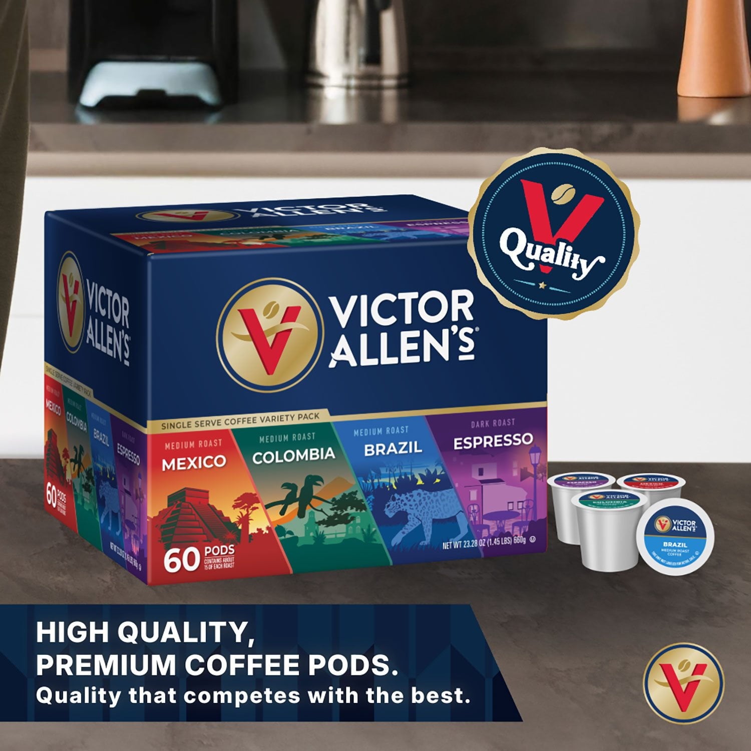 Victor Allen のシグネチャー ミディアムダークロースト コーヒーポッド、バラエティパック、60 個入り。