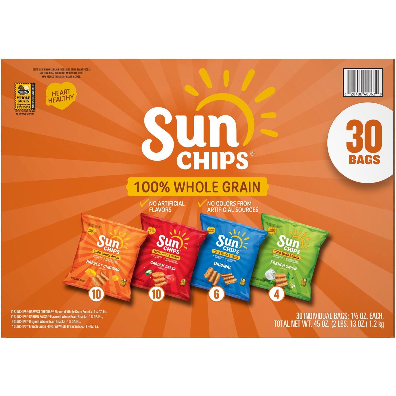 SunChips 全粒粉バラエティパック チップス、30 個入り。