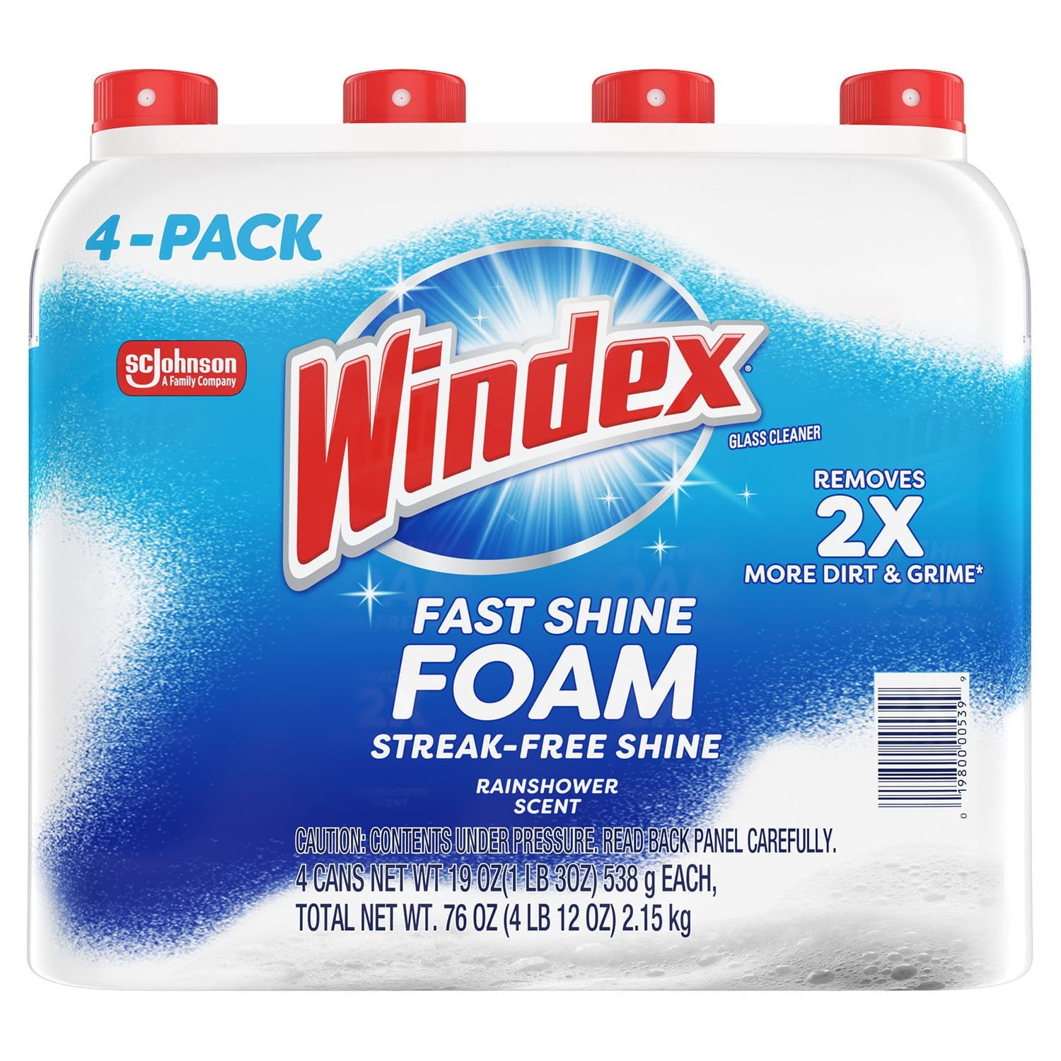 Windex ファーストシャイン フォームガラスクリーナー、液だれしないエアゾール洗浄スプレー、19 オンス、4 個パック。