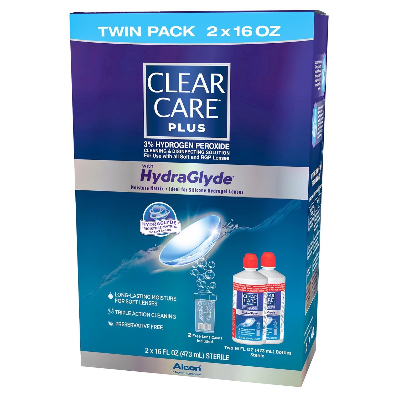 Clear Care Plus 洗浄・消毒液、16 液量オンス、2 個パック。