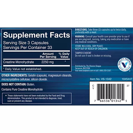 BodyTech Creatine Monohydrate Capsules – Micronized – Supports Muscle Strength, Mass, and Endurance (100 Capsules)