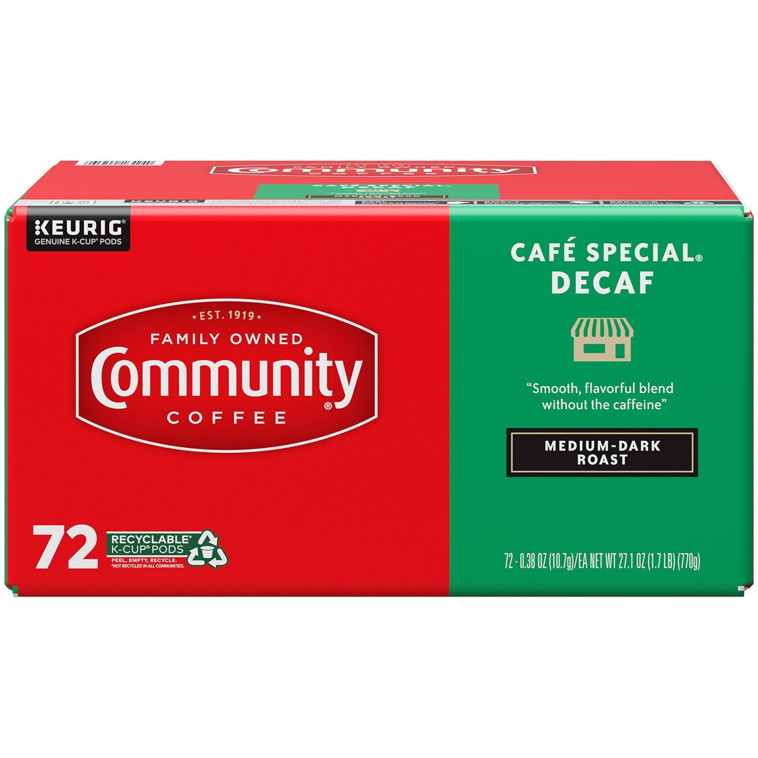 コミュニティ コーヒー カフェ スペシャル デカフェ ミディアムダークロースト シングルサーブ 72 個入り。
