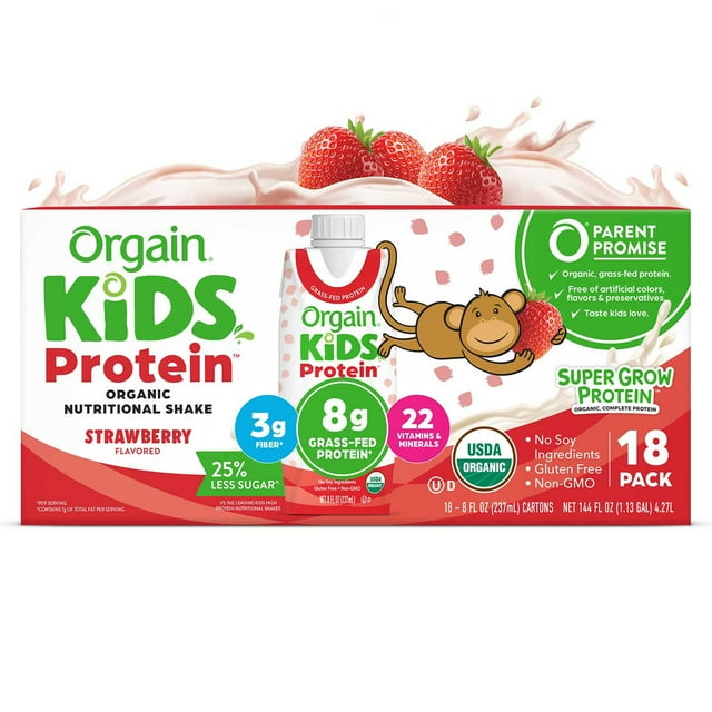 Orgain Kids 8g プロテイン オーガニック栄養シェイク、ストロベリー 8 液量オンス、18 パック