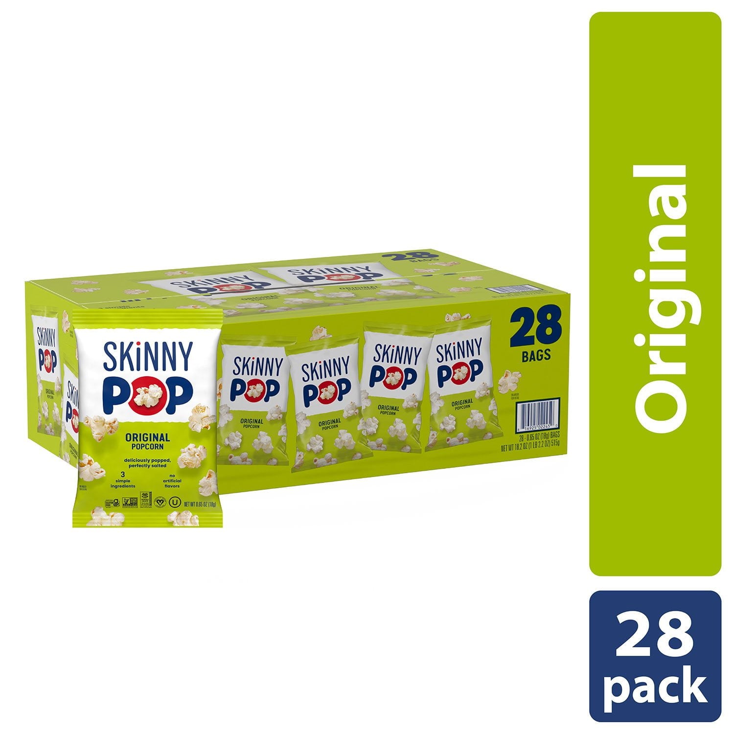 SkinnyPop オリジナル ポップコーン スナック バッグ、0.65 オンス、28 個入り。