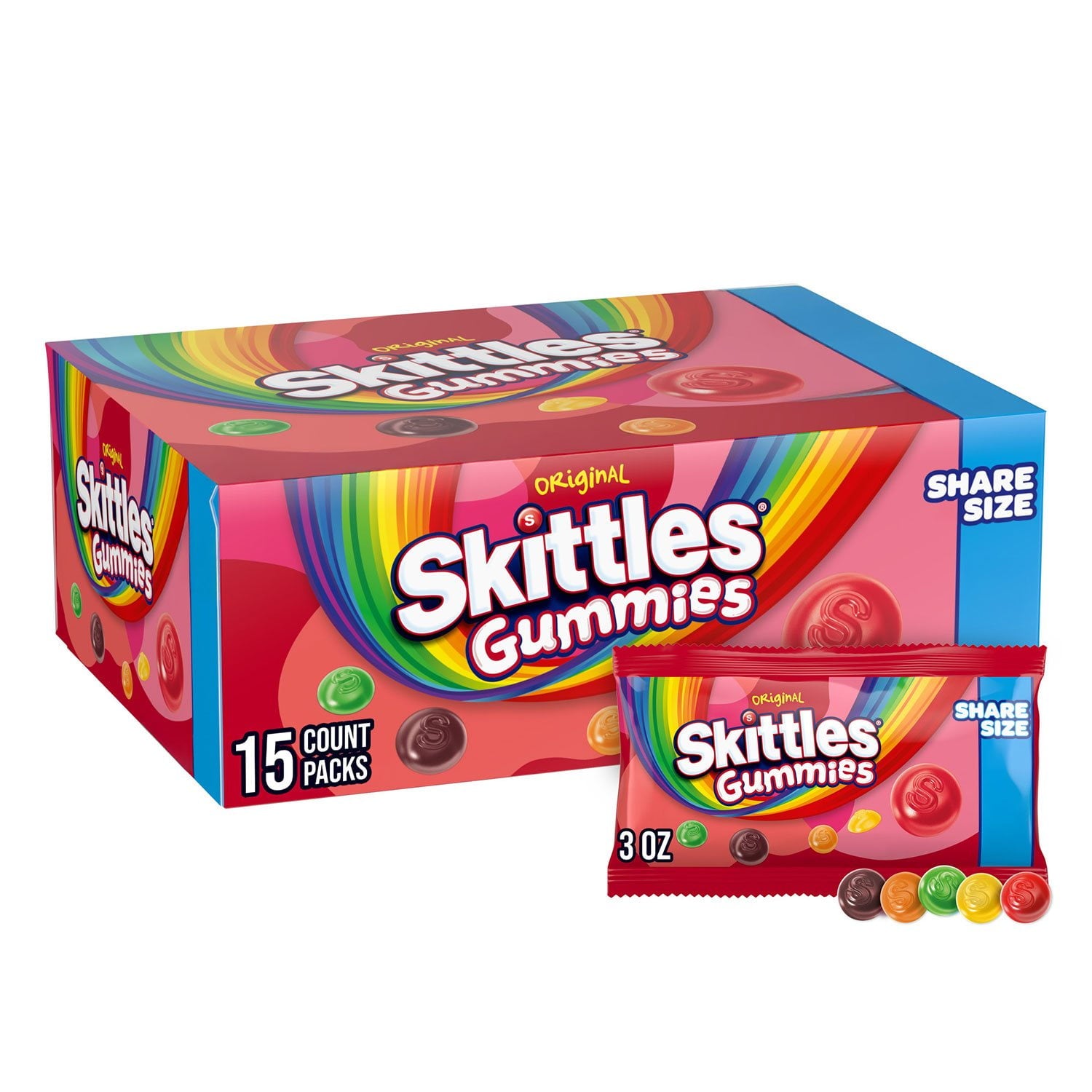 Skittles Gummies オリジナルグミキャンディー、シェアサイズ、3オンス、15 個入り。