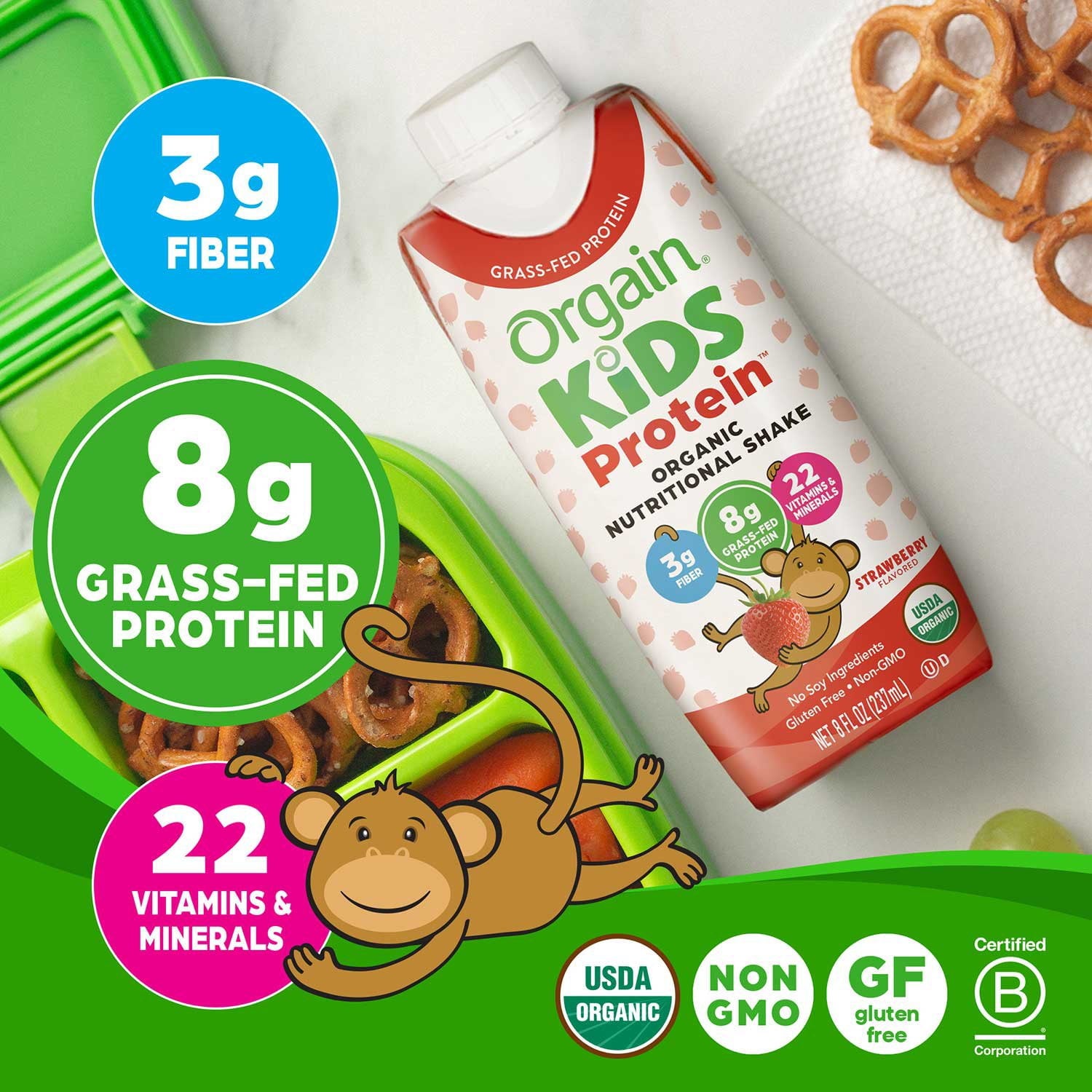 Orgain Kids 8g プロテイン オーガニック栄養シェイク、ストロベリー 8 液量オンス、18 パック