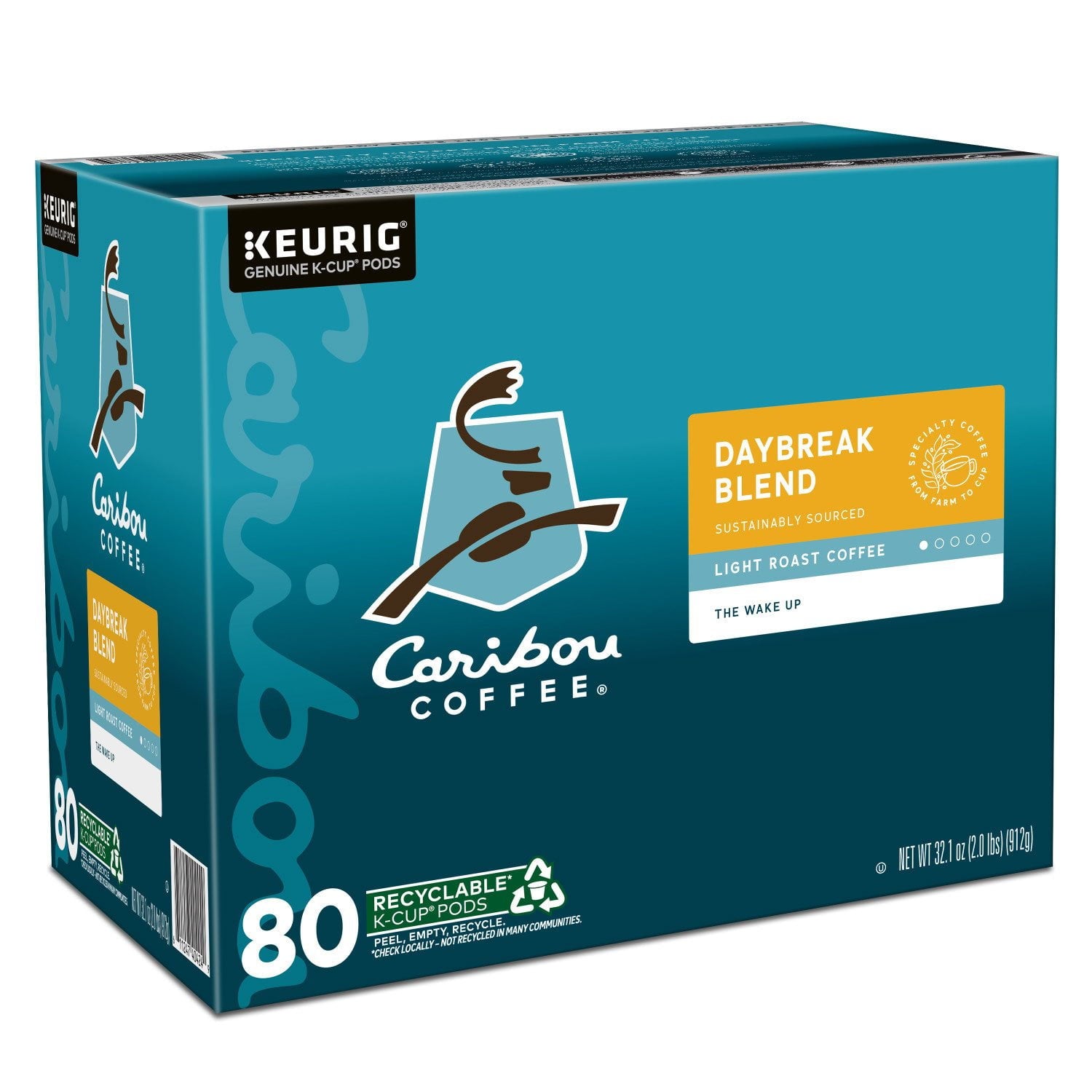 カリブーコーヒー ライトロースト K-カップ、デイブレイク モーニングブレンド、80 個入り。