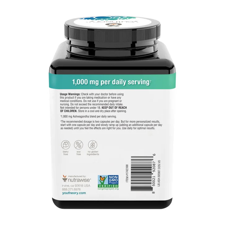 youtheory アシュワガンダ 1000 mg、ベジタリアンカプセル 180 錠