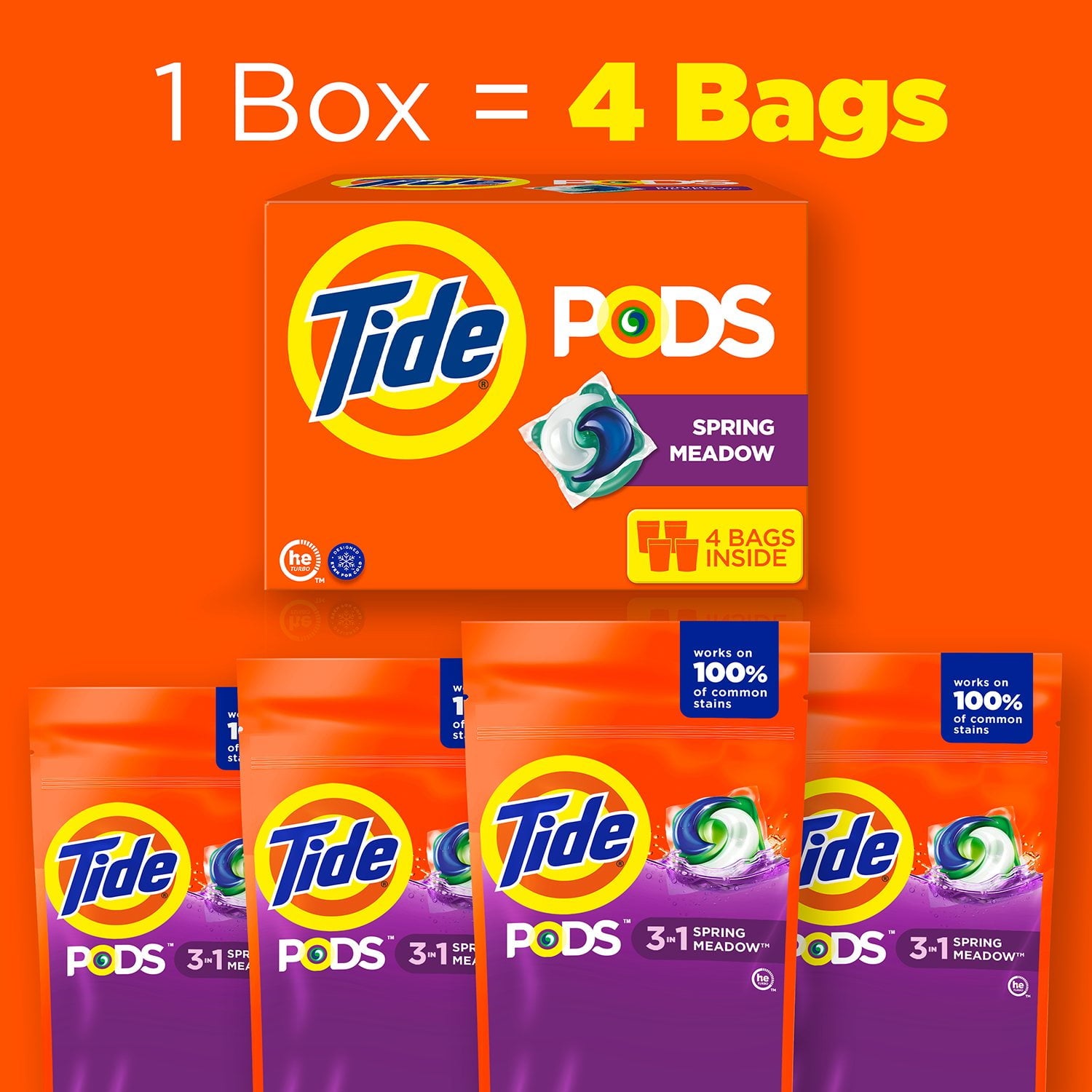 Tide PODS 洗濯洗剤パック、スプリングメドウ、156 個入り。