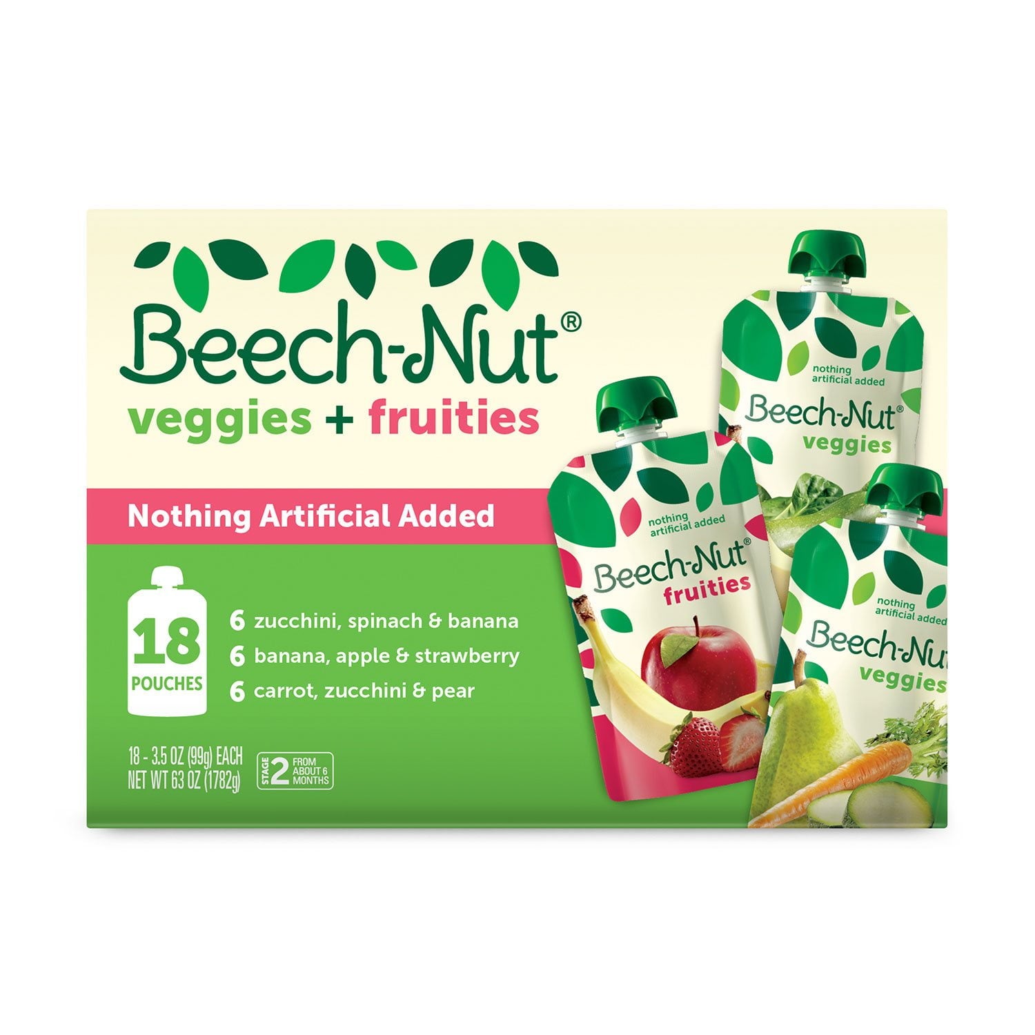 Beech-Nut 野菜とフルーツ ステージ 2 ベビーフード パウチ、バラエティパック、3.5 オンス、18 個入り。