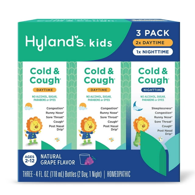 Hyland's Kids Cold &amp; Cough Day &amp; Night、グレープ風味、4 液量オンス、3 パック。