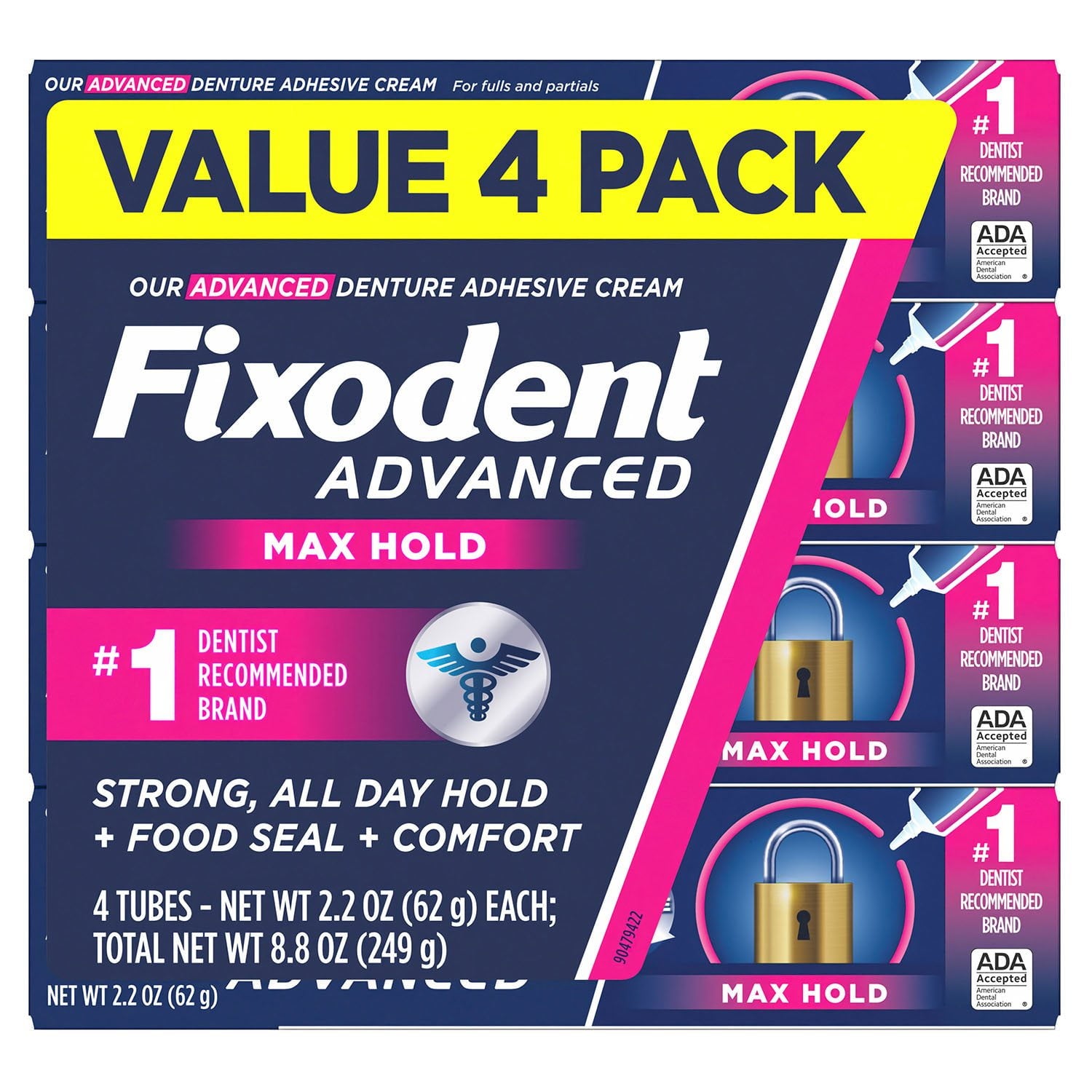 Fixodent アドバンス義歯接着剤、マックスホールド、2.2 オンス、4 個パック。
