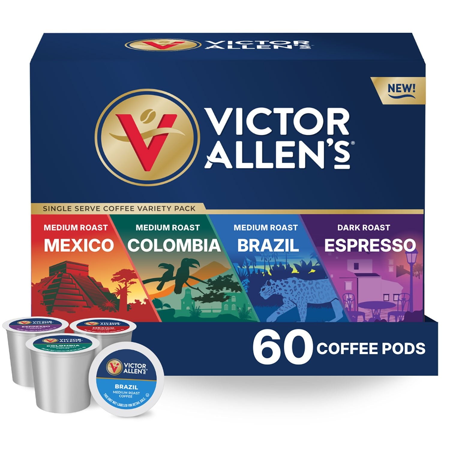 Victor Allen のシグネチャー ミディアムダークロースト コーヒーポッド、バラエティパック、60 個入り。