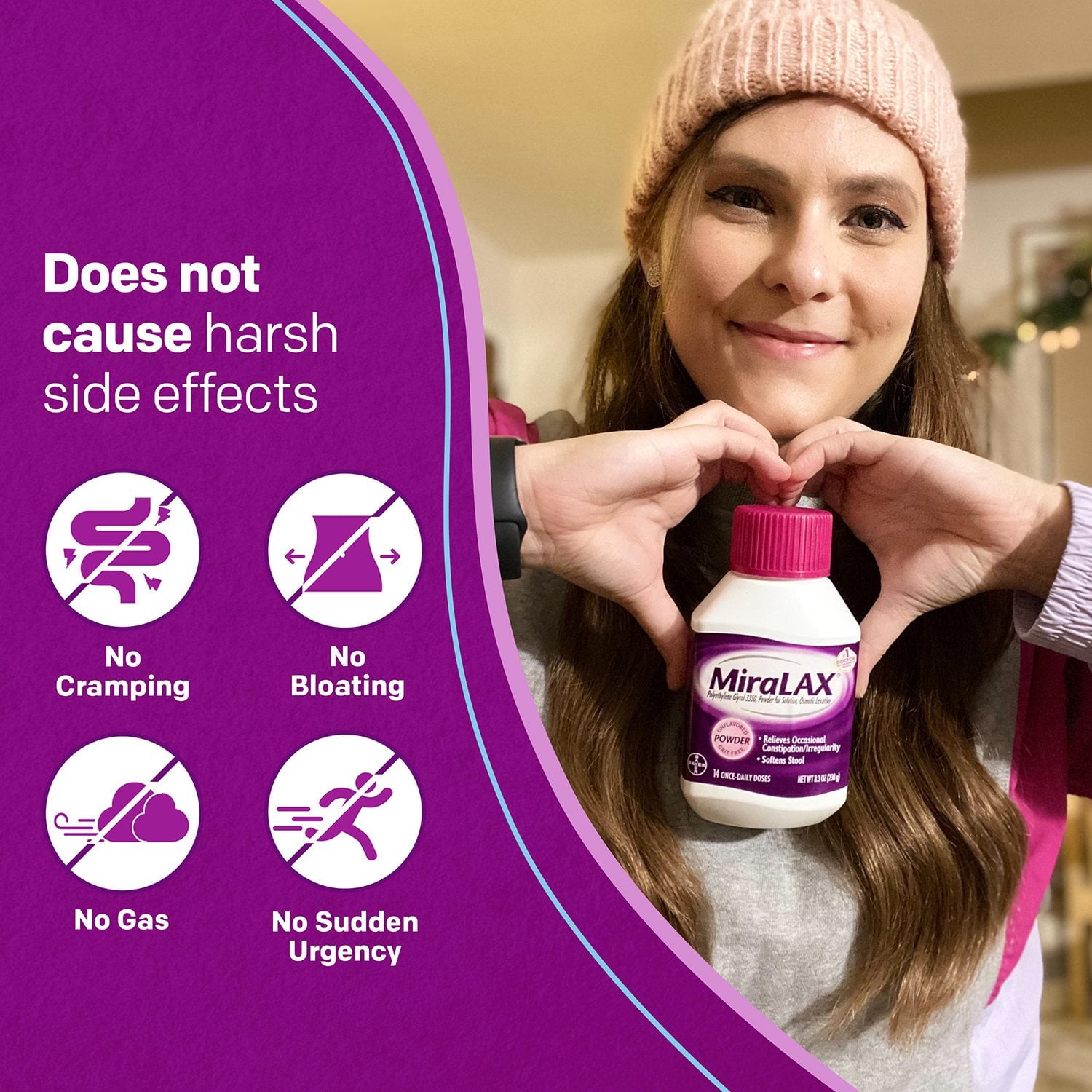 MiraLAX 優しい便秘解消下剤パウダー 34 回分、2 個入り。