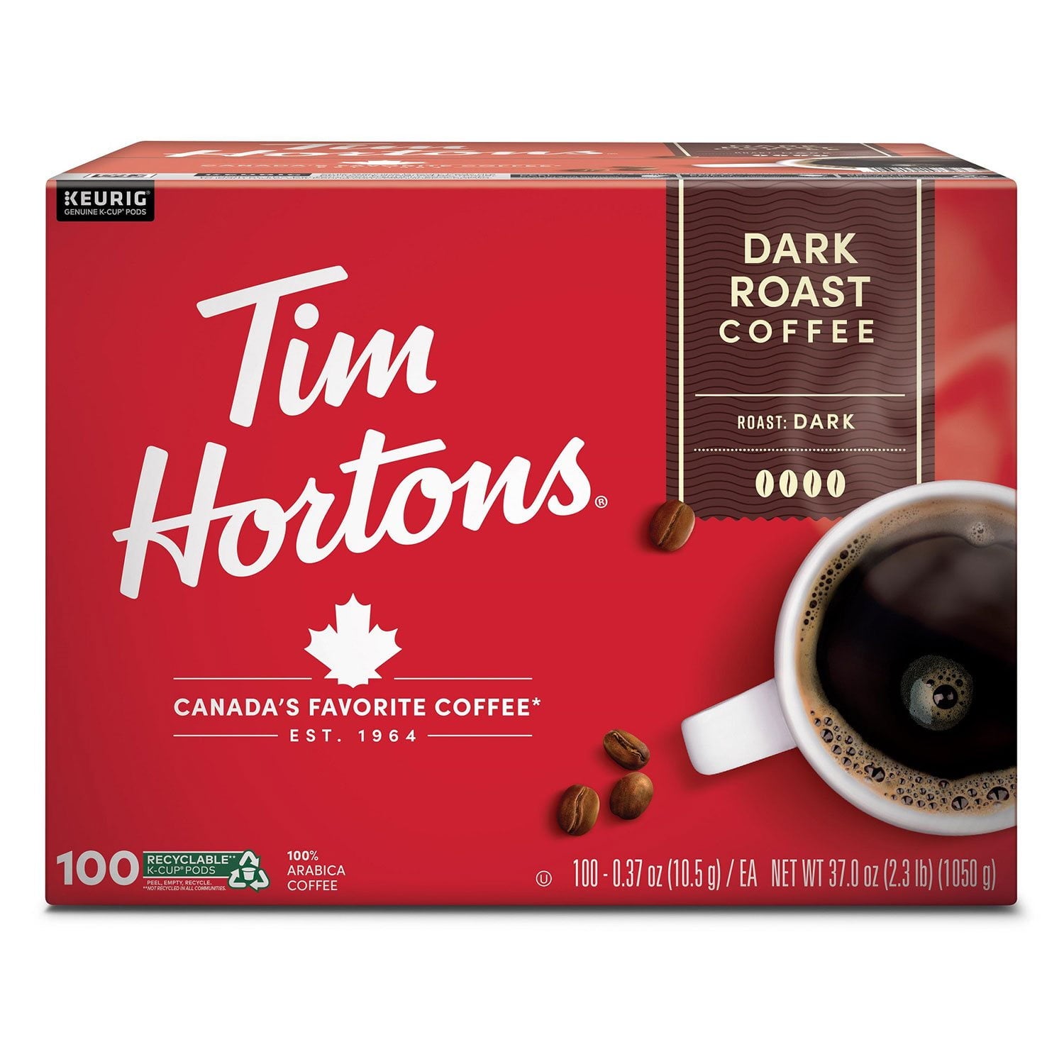 Tim Hortons プレミアム K-Cup コーヒーポッド、ダークロースト、100 個入り。