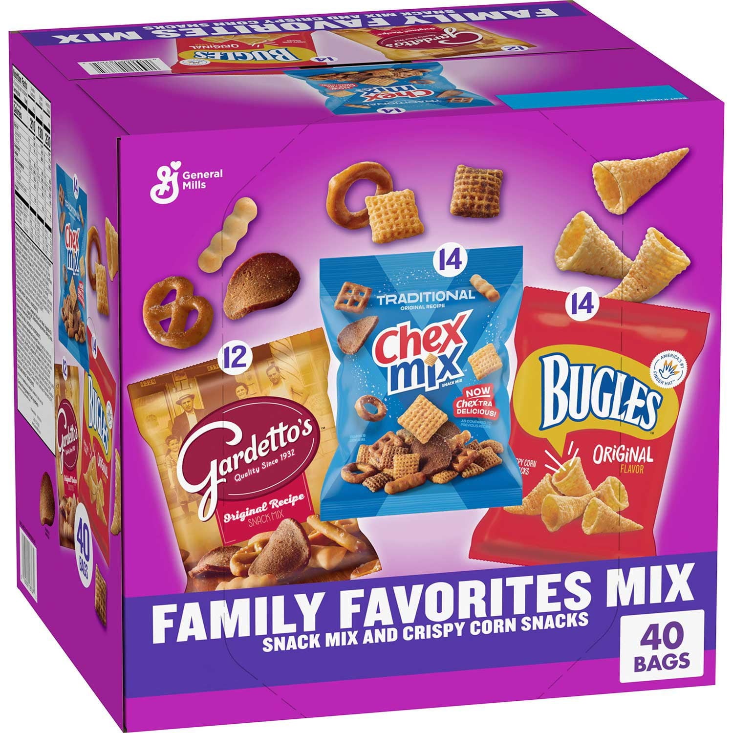 Bugles、Chex Mix &amp; Gardetto バラエティパック スナック、40 個入り。