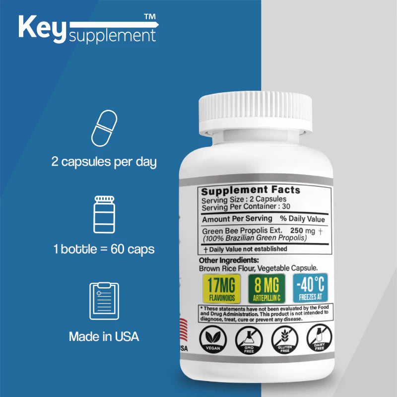 키서플리먼트 100% 브라질 그린 프로폴리스 60캡슐 – 플라보노이드 17mg · 아르테필린C 8mg 함유