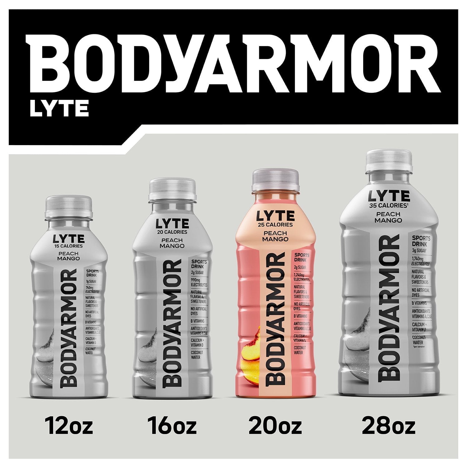 바디아머 라이트 스포츠 드링크 버라이어티팩 20 fl oz 18병 – 저칼로리 · 무첨가당 전해질 음료