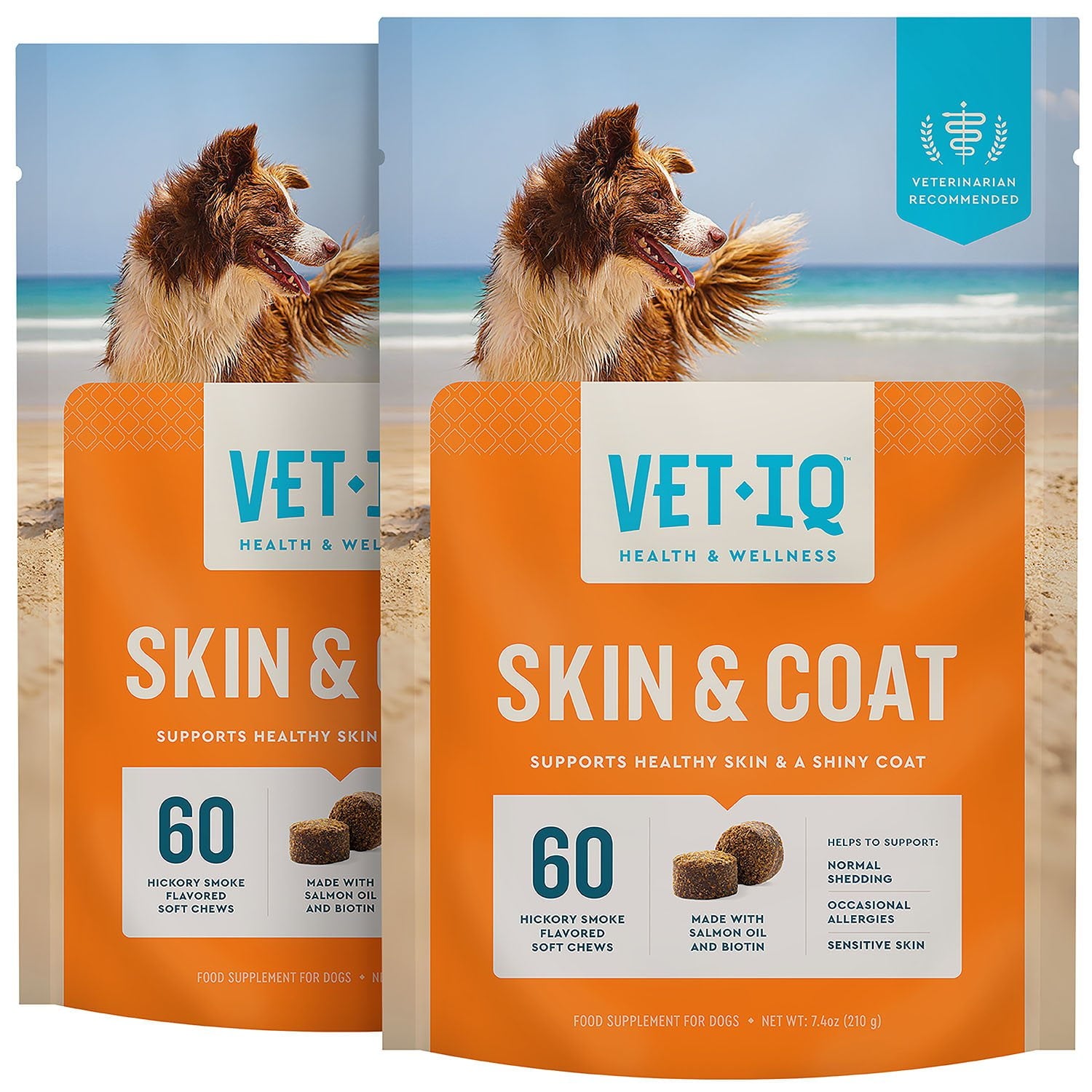 VETIQ スキン＆コート ソフト ドッグチュー、ヒッコリースモーク風味、60 個入り、2 パック。