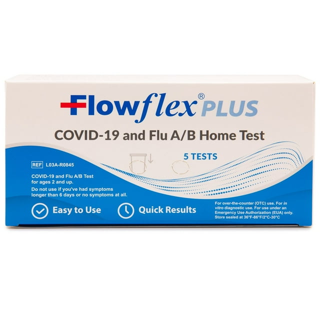 Flowflex Plus COVID-19、インフルエンザ A/B 3-in-1 抗原セルフテスト、5 個パック。