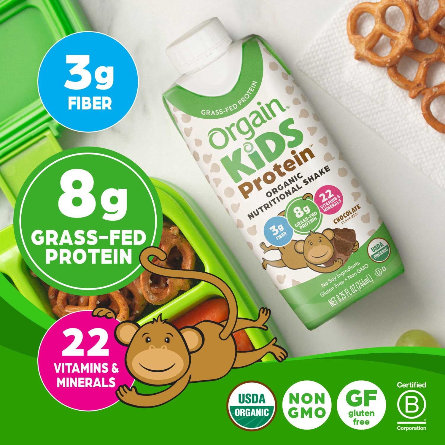Orgain Kids 8g プロテイン オーガニック 栄養シェイク、チョコレート、8 液量オンス、18 パック。