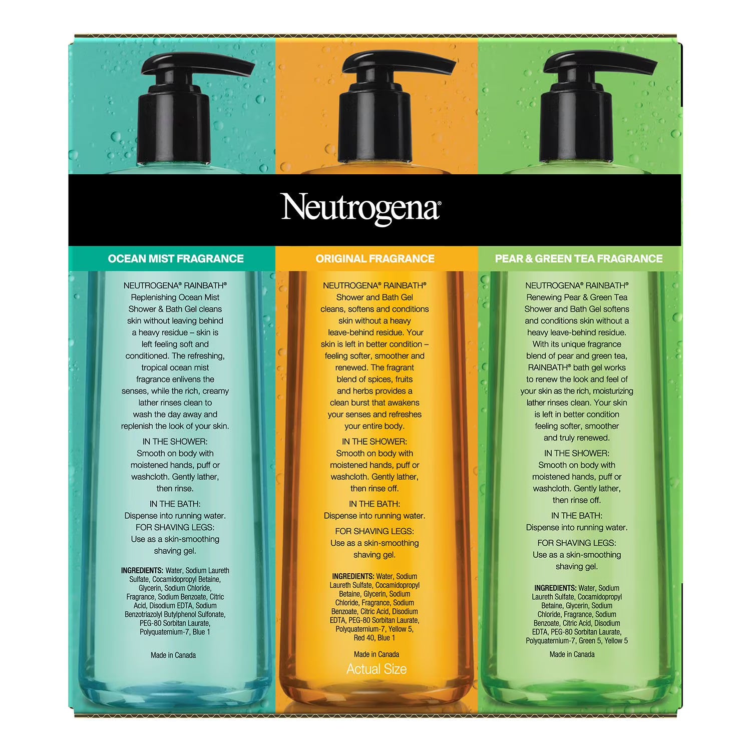 뉴트로지나 레인배스 샤워 & 바스 젤 16 fl. oz., 3 pk. – 풍부한 거품과 깔끔한 세정감이 특징인 샤워·목욕 겸용 바디 클렌저