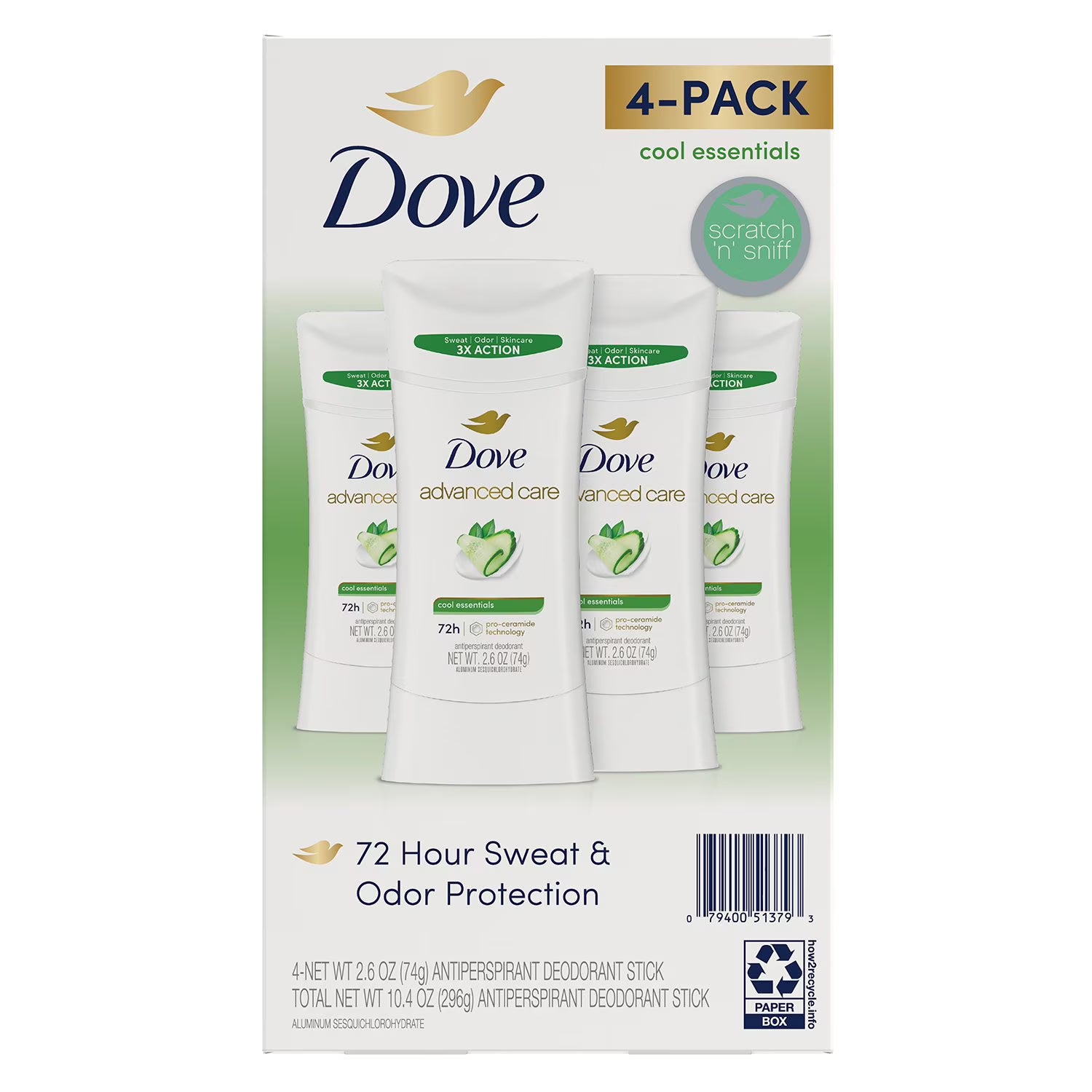 도브 어드밴스드 케어 안티퍼스피런트 데오드란트 2.6 oz., 4 pk. – 부드러운 사용감으로 데일리 케어에 적합하며 깔끔한 향