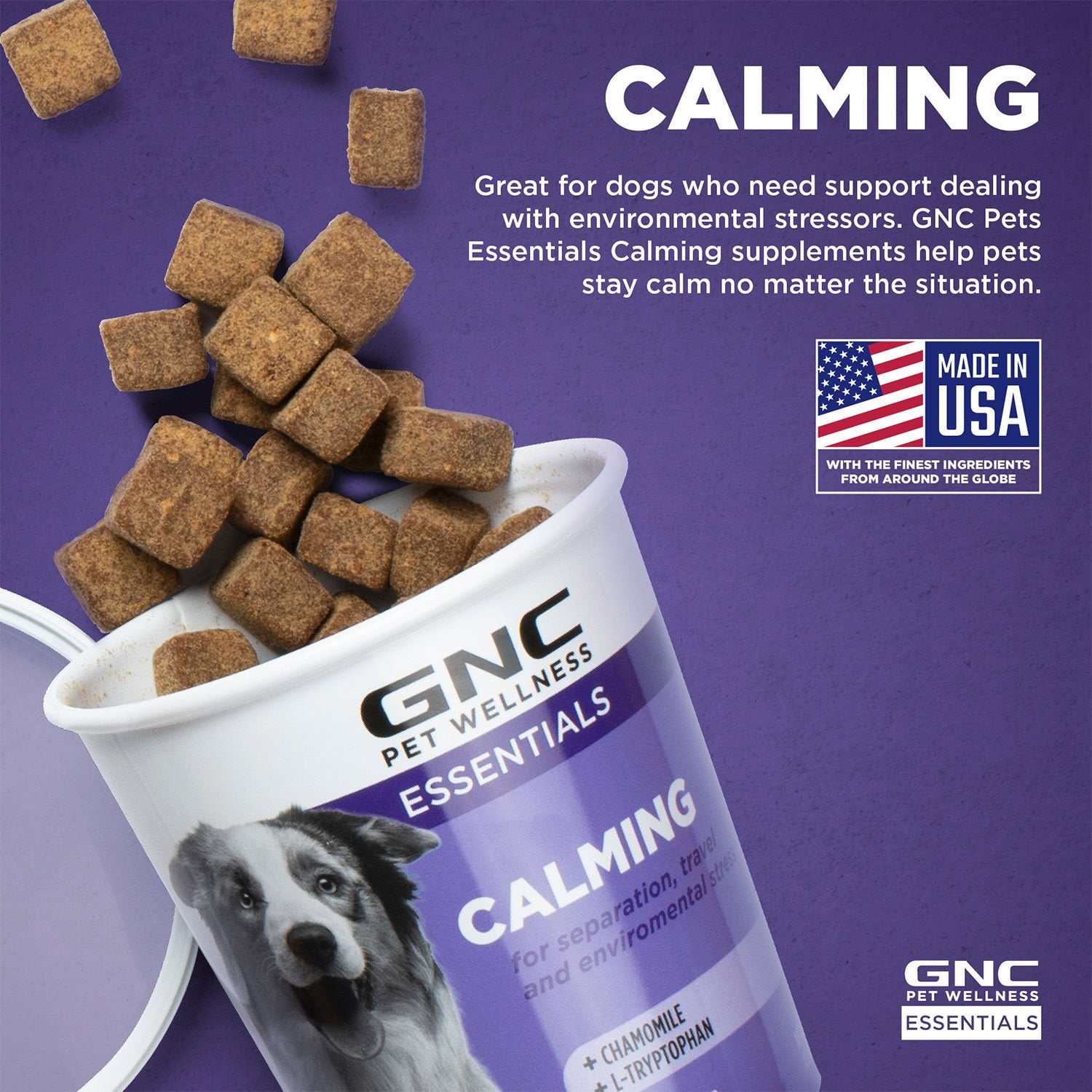 GNC ペット、ベーコン風味、落ち着くソフトチュー犬用サプリメント、180 個。
