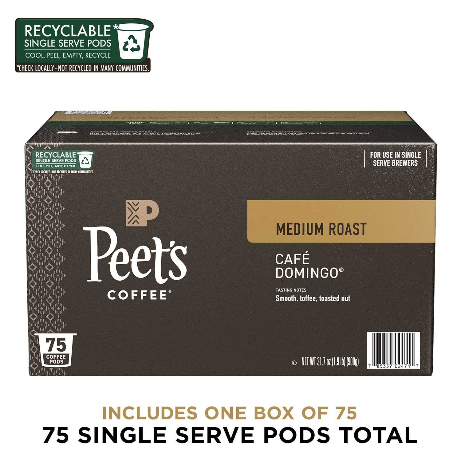 Peet's Coffee ミディアムロースト K-Cup ポッド、カフェドミンゴ 75 個入り。