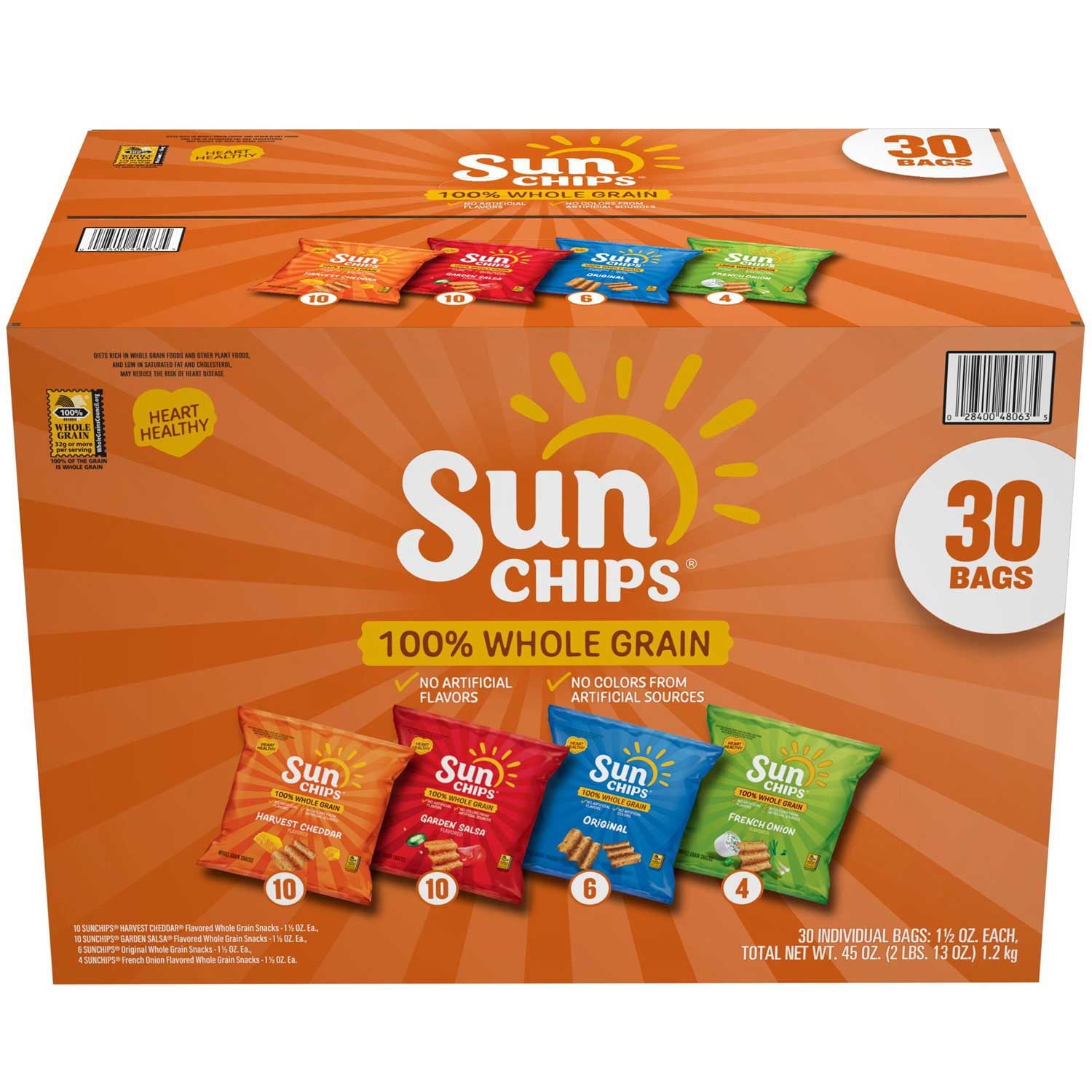 SunChips 全粒粉バラエティパック チップス、30 個入り。
