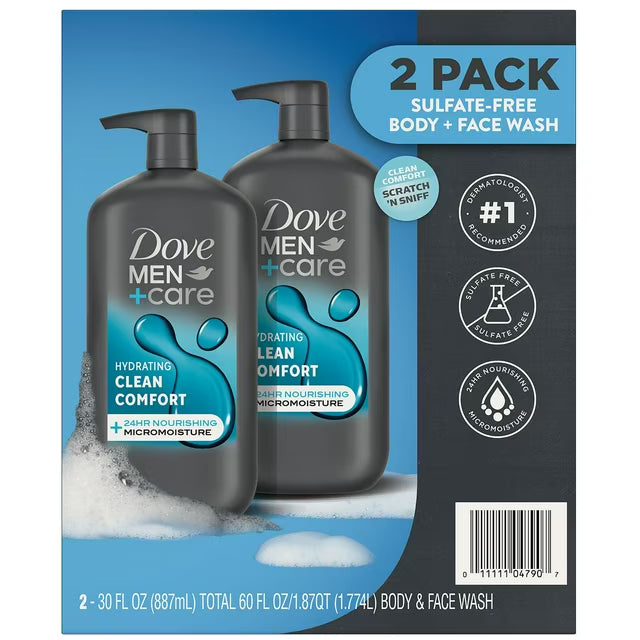 도브 맨케어 클린 컴포트 바디 & 페이스 워시 30 fl. oz., 2 pk. – 깔끔한 세정감과 산뜻한 향이 특징인 바디·페이스 겸용 워시 Dove Men+Care Clean Comfort Body & Face Wash, 30 fl. oz., 2 pk.