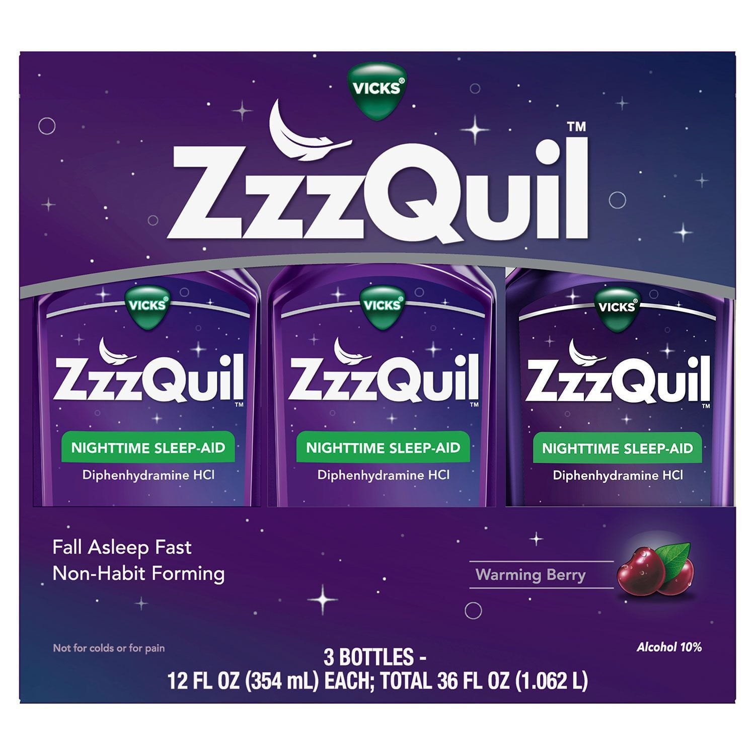 ZzzQuil 夜間睡眠補助液、ベリー、12 液量オンス、3 個パック