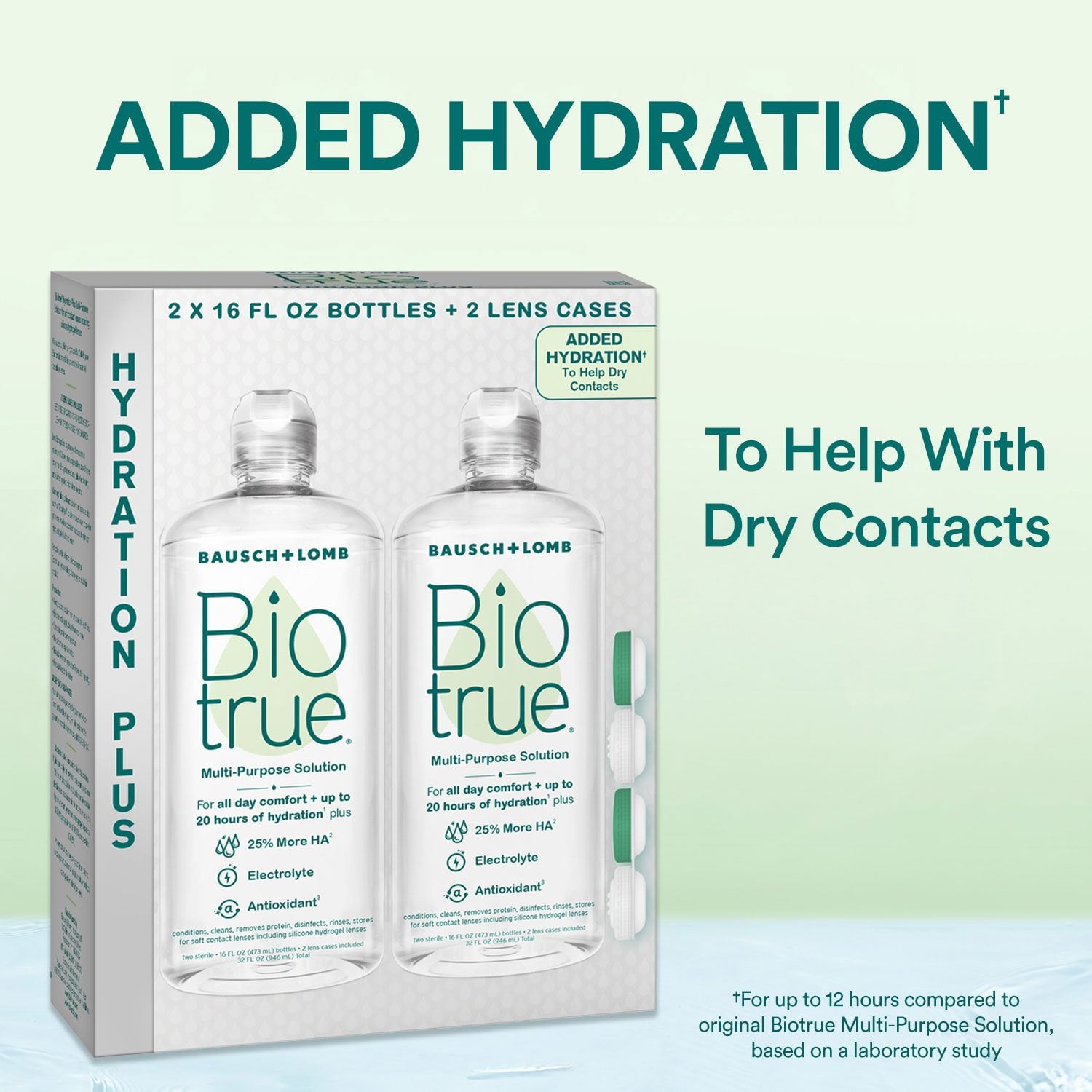 Biotrue Hydration Plus 多目的溶液、16 液量オンス、2 個パック。