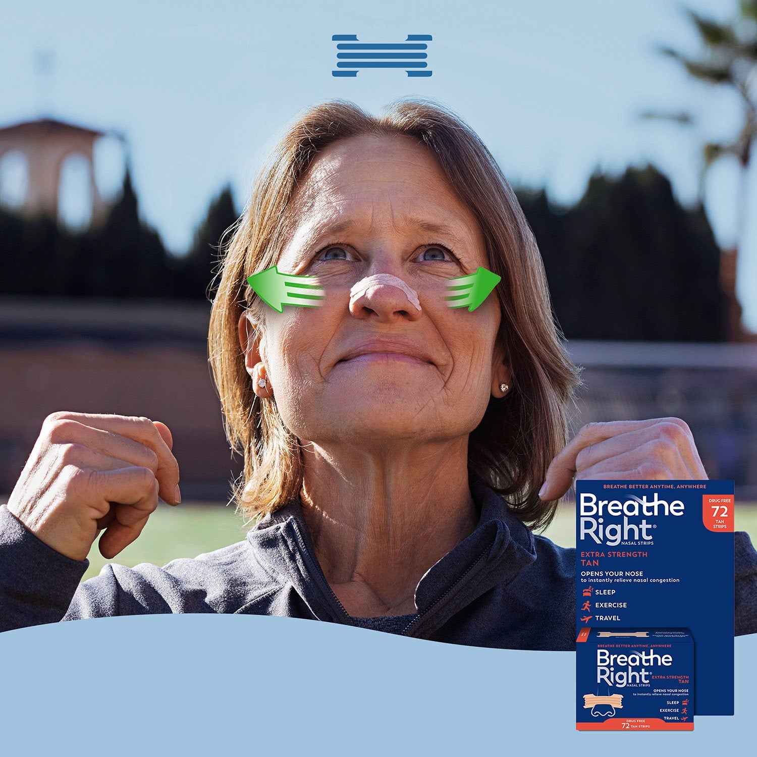 Breathe Right エクストラストレングス 鼻用ストリップ、タン、72 枚入り。
