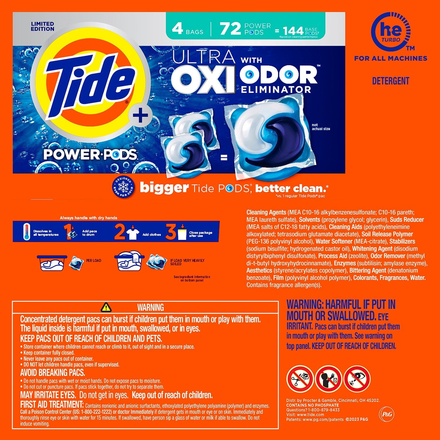 Tide Power PODS + Ultra OXI 洗濯洗剤パック、オリジナル、72 個入り。