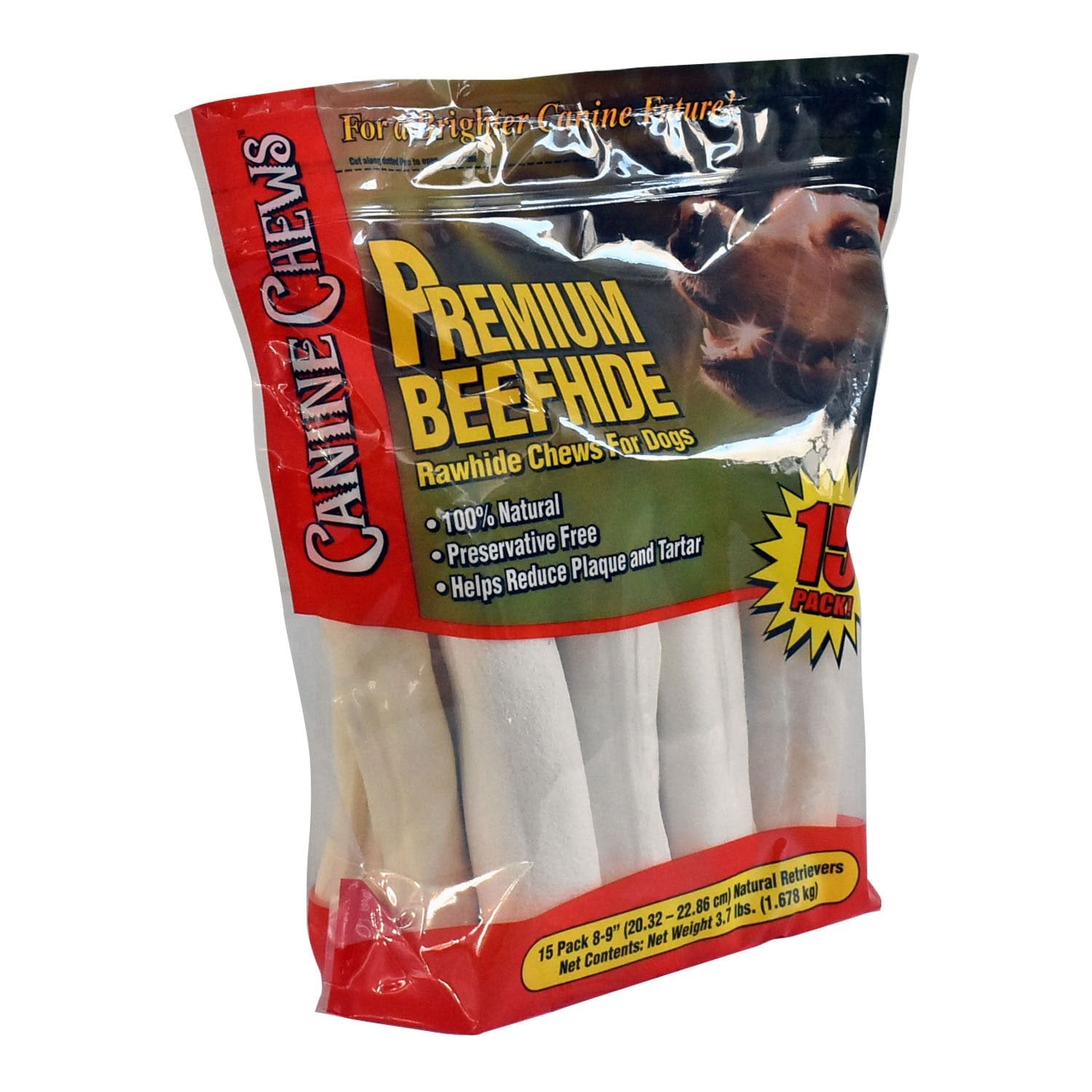 Canine Chews プレミアム オールナチュラル ビーフ ハイド ドッグ レトリーバー用、15 個入り。
