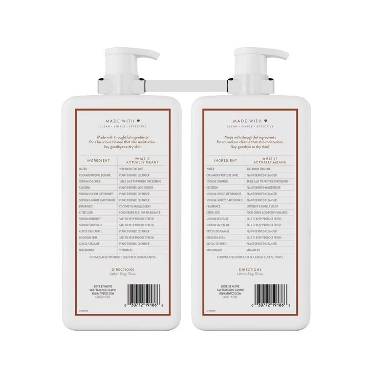 네이티브 너리싱 바디워시 코코넛 & 바닐라 36 fl. oz., 2 pk. – 부드러운 거품과 코코넛·바닐라 향, 촉촉한 사용감